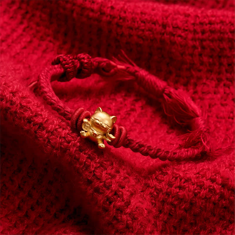 Copper Lucky Cat Charm Red String Wealth Bracelet