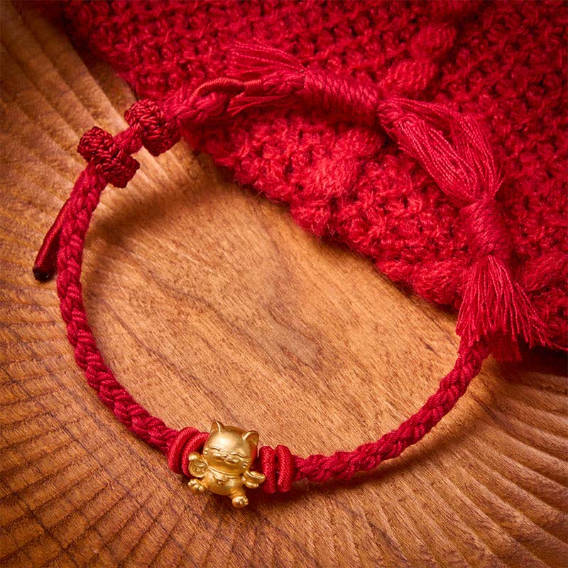 Copper Lucky Cat Charm Red String Wealth Bracelet