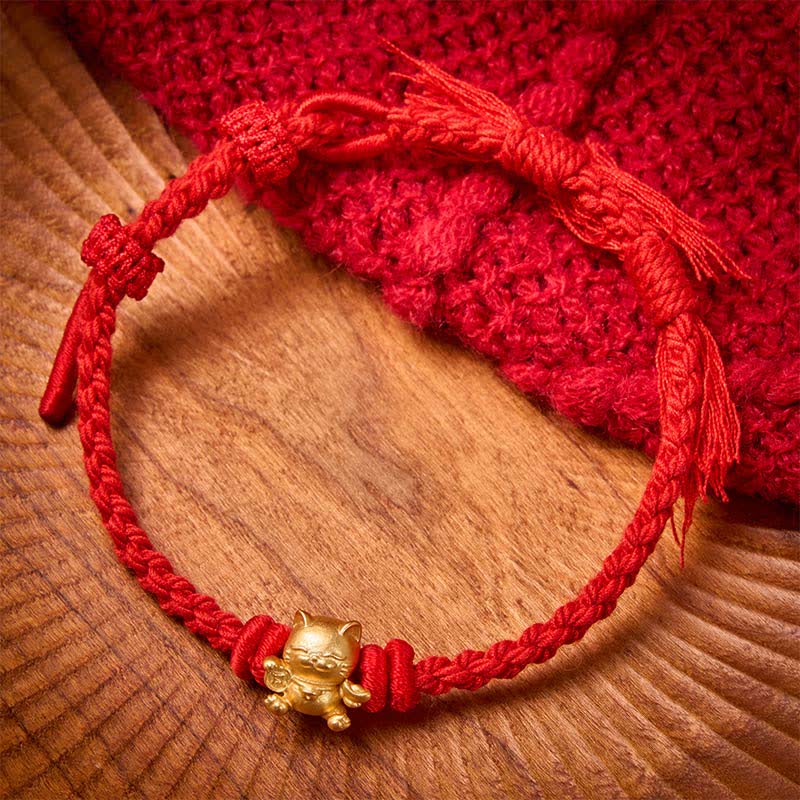Copper Lucky Cat Charm Red String Wealth Bracelet