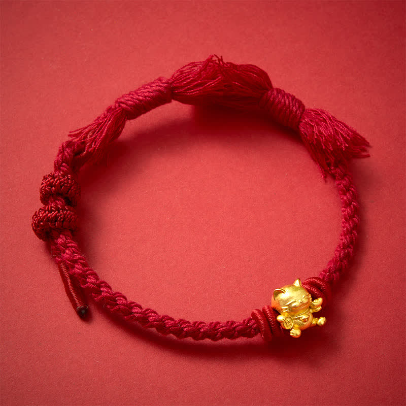Copper Lucky Cat Charm Red String Wealth Bracelet