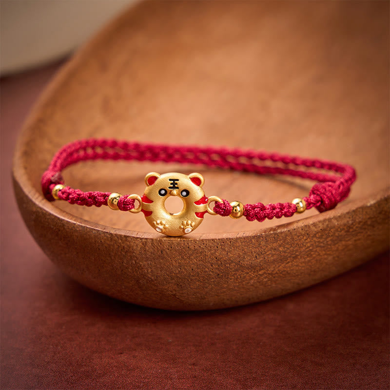 Copper Tiger Peace Buckle Hand Woven Grounding Red String Adjustable Bracelet