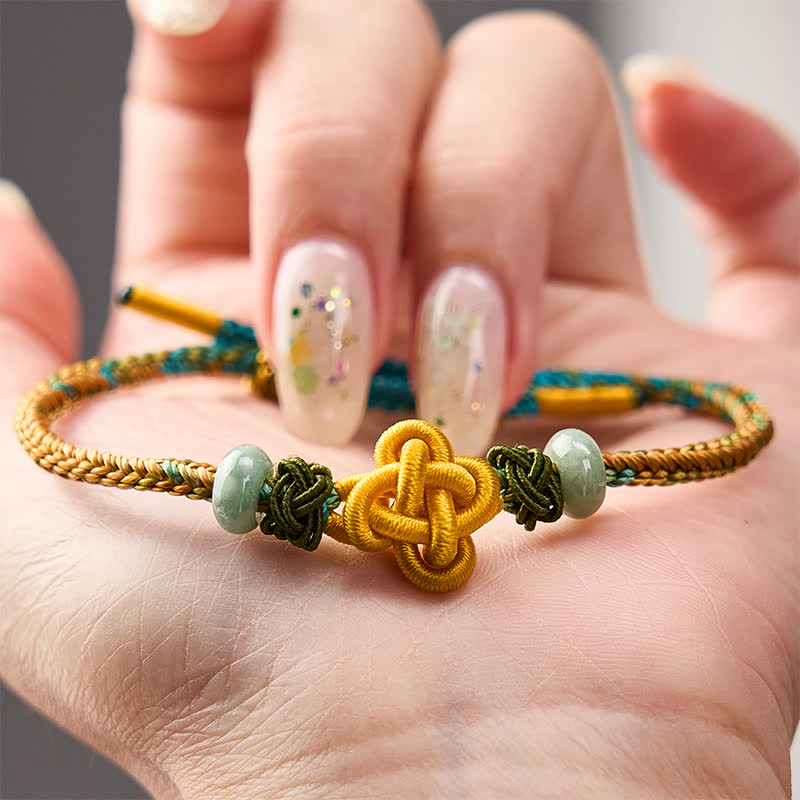 Handmade Braided Yellow Green Osmanthus Knot Jade Luck Adjustable Bracelet
