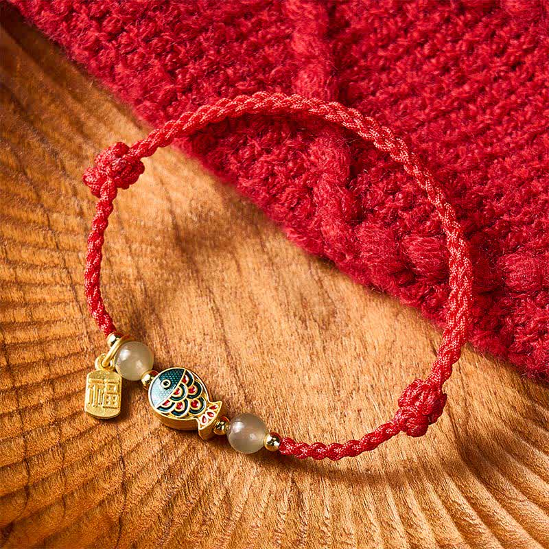 Hand-Woven Koi Fish Fu Character Jade Beads Protection Rope Bracelet