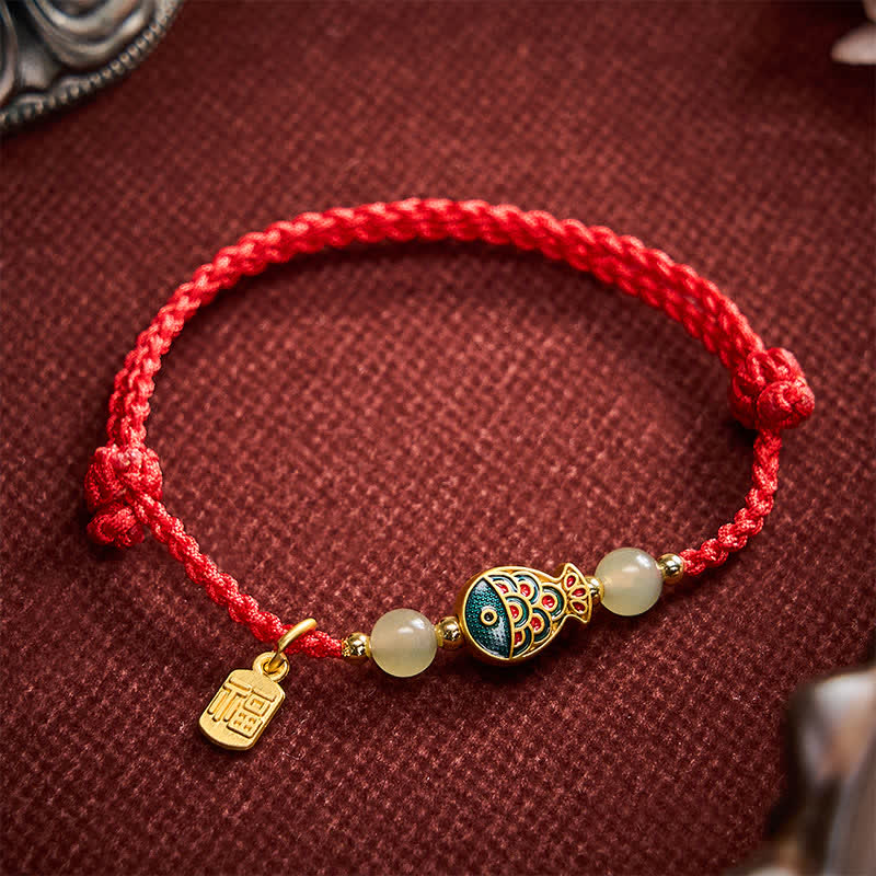 Hand-Woven Koi Fish Fu Character Jade Beads Protection Rope Bracelet