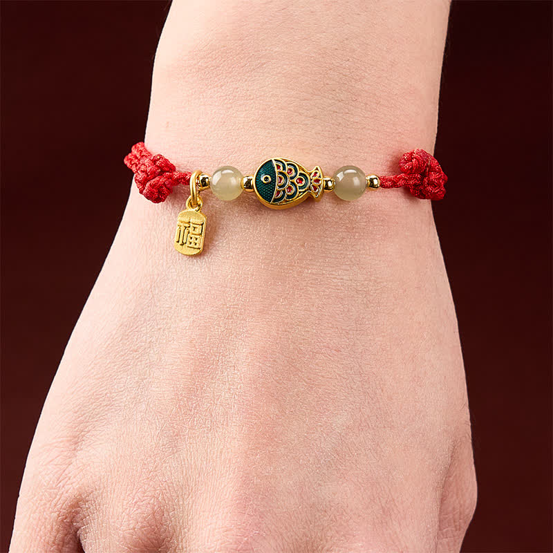 Hand-Woven Koi Fish Fu Character Jade Beads Protection Rope Bracelet