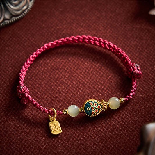 Hand-Woven Koi Fish Fu Character Jade Beads Protection Rope Bracelet