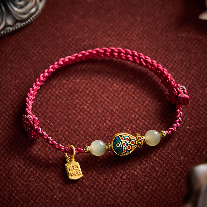 Hand-Woven Koi Fish Fu Character Jade Beads Protection Rope Bracelet