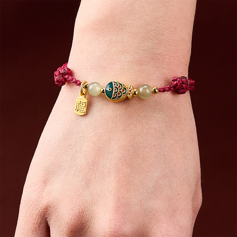 Hand-Woven Koi Fish Fu Character Jade Beads Protection Rope Bracelet