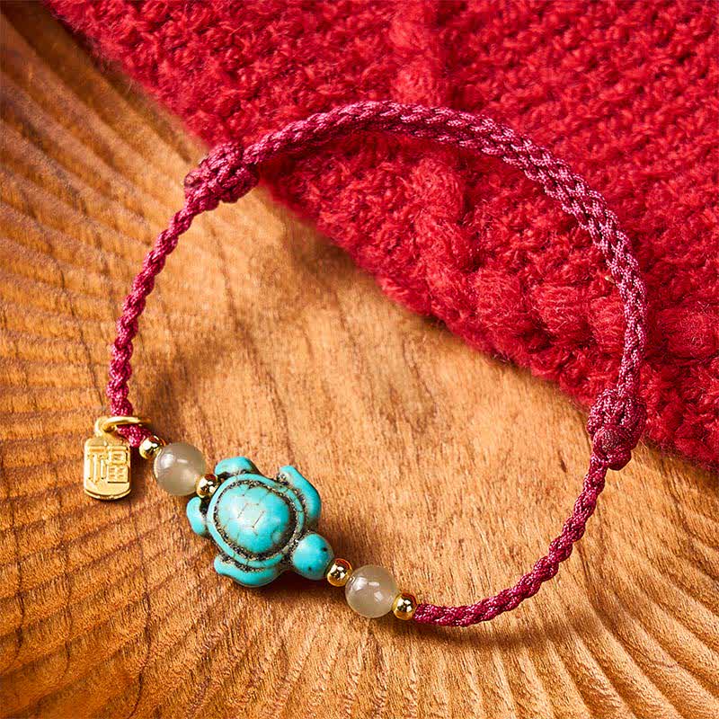 Hand-Woven Turquoise Turtle Fu Character Jade Beads Luck Rope Bracelet