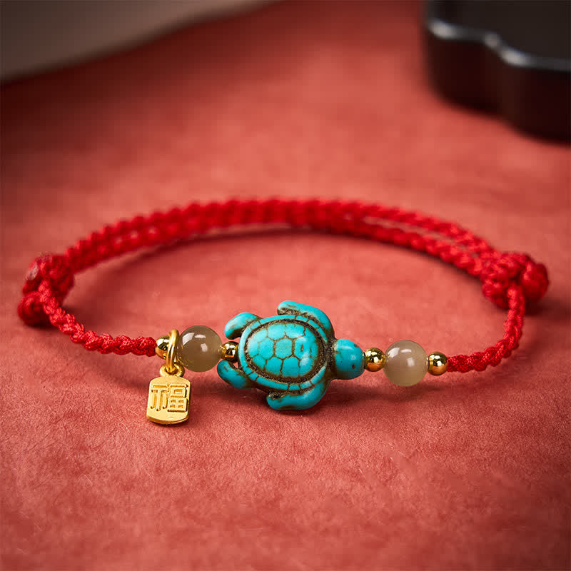 Hand-Woven Turquoise Turtle Fu Character Jade Beads Luck Rope Bracelet