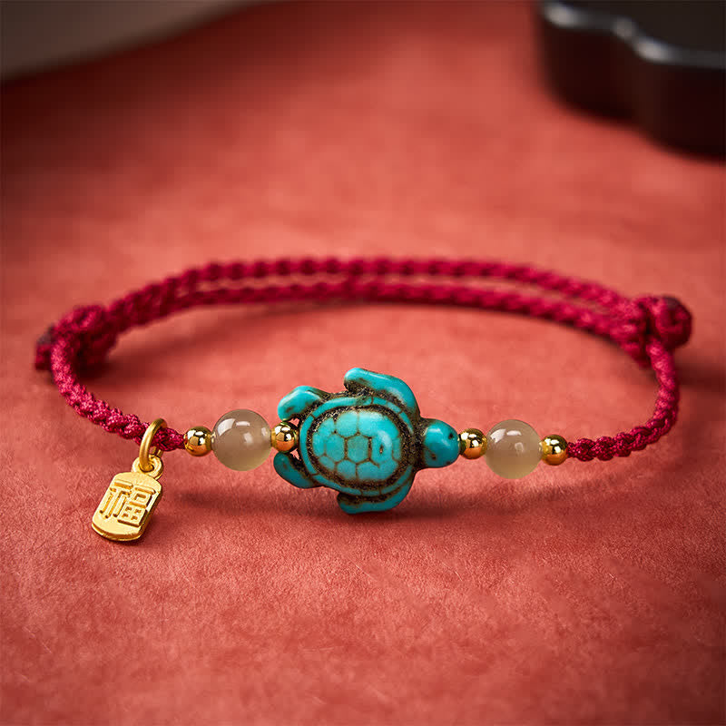 Hand-Woven Turquoise Turtle Fu Character Jade Beads Luck Rope Bracelet