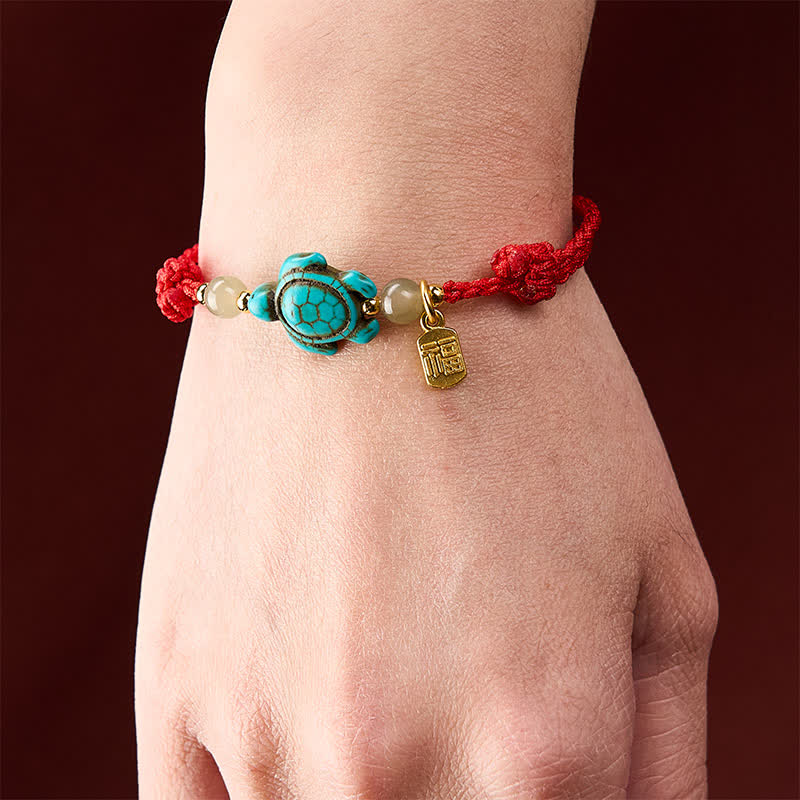 Hand-Woven Turquoise Turtle Fu Character Jade Beads Luck Rope Bracelet