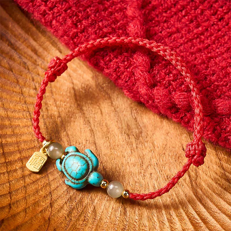 Hand-Woven Turquoise Turtle Fu Character Jade Beads Luck Rope Bracelet