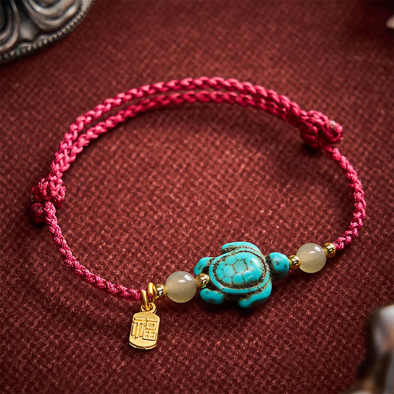 Hand-Woven Turquoise Turtle Fu Character Jade Beads Luck Rope Bracelet