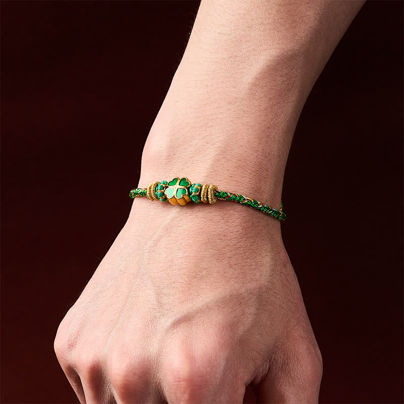 Hand-Woven String Heart-Shaped Green Four Leaf Clover Strength Rope Bracelet