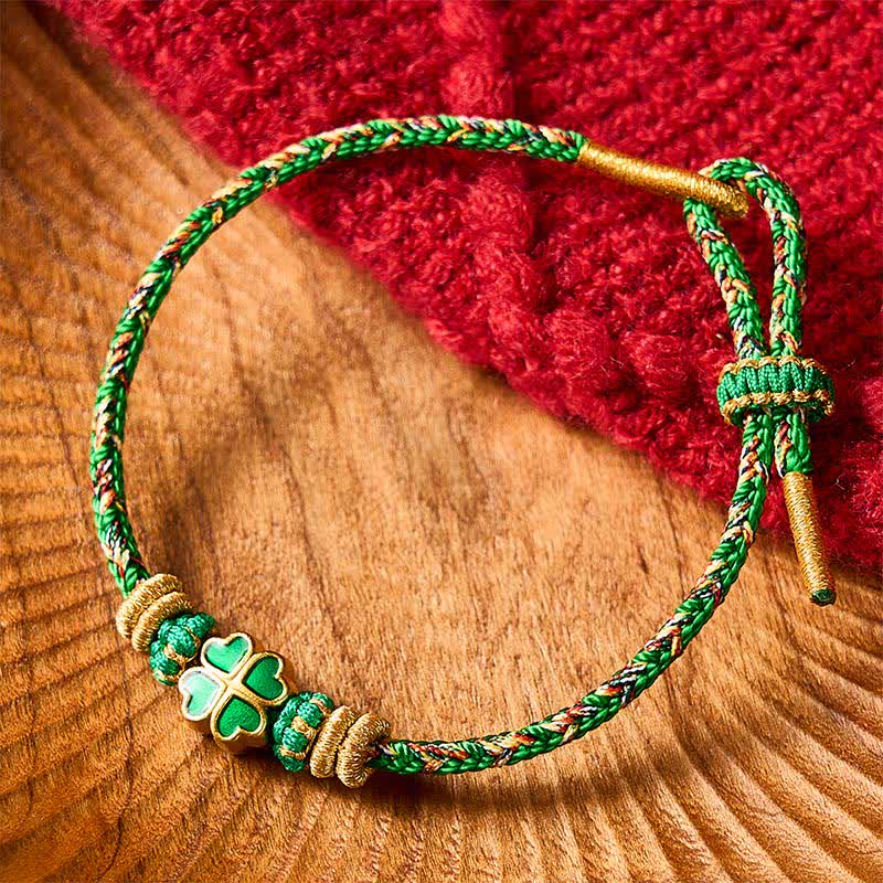 Hand-Woven String Heart-Shaped Green Four Leaf Clover Strength Rope Bracelet