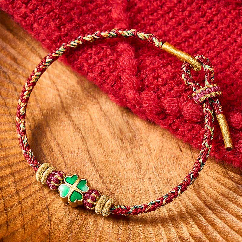 Hand-Woven String Heart-Shaped Green Four Leaf Clover Strength Rope Bracelet