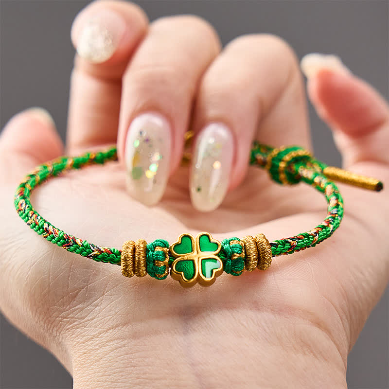 Hand-Woven String Heart-Shaped Green Four Leaf Clover Strength Rope Bracelet