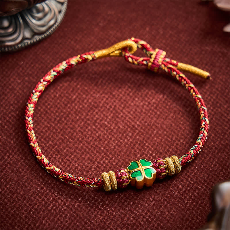 Hand-Woven String Heart-Shaped Green Four Leaf Clover Strength Rope Bracelet