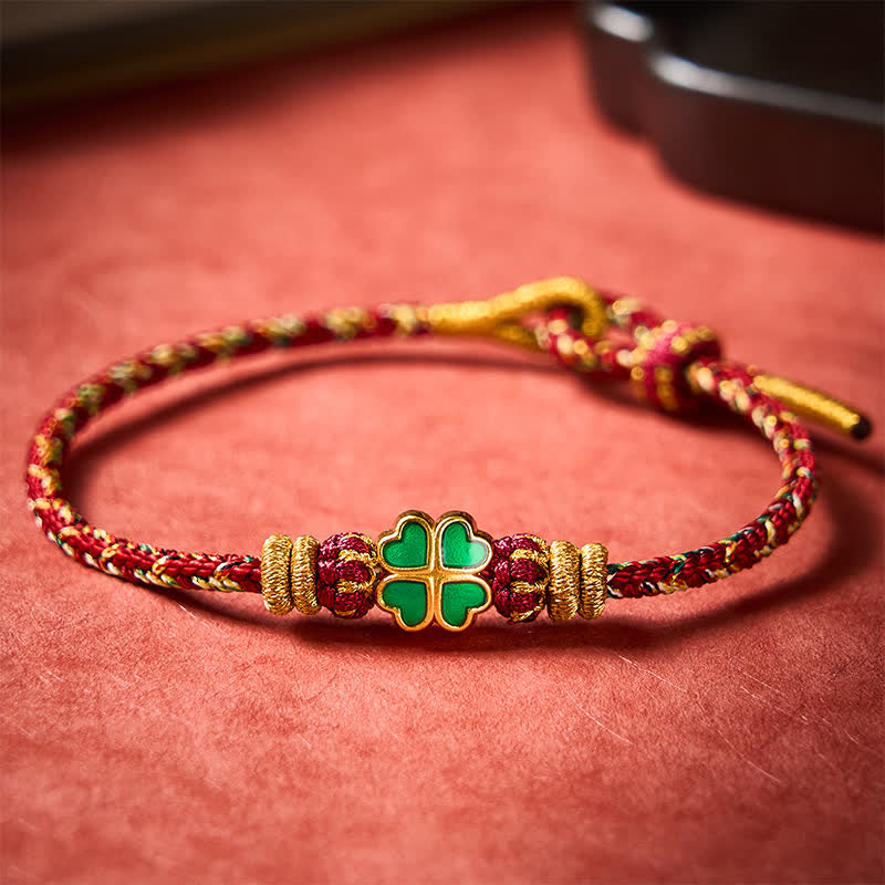 Hand-Woven String Heart-Shaped Green Four Leaf Clover Strength Rope Bracelet
