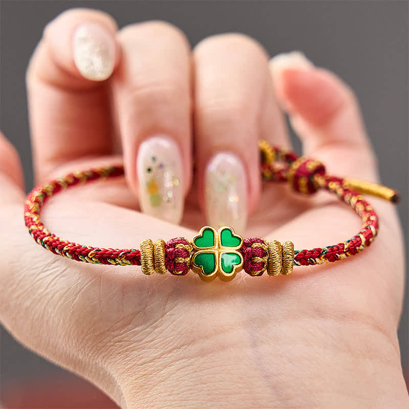 Hand-Woven String Heart-Shaped Green Four Leaf Clover Strength Rope Bracelet