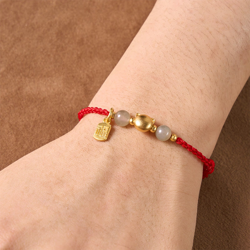 Hetian Jade Fu Character Copper Cat Red String Bracelet