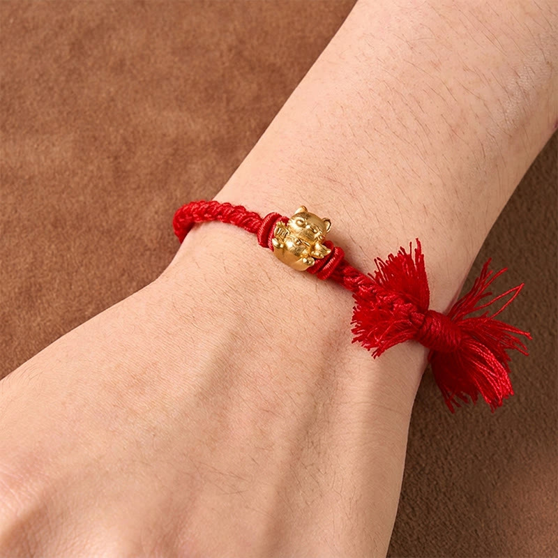 Copper Lucky Cat Charm Red String Wealth Bracelet