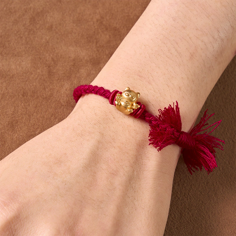 Copper Lucky Cat Charm Red String Wealth Bracelet