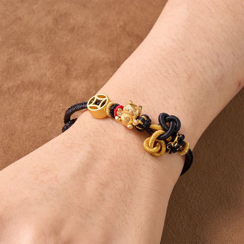 Golden Lucky Cat Red String Protection Braided Bracelet