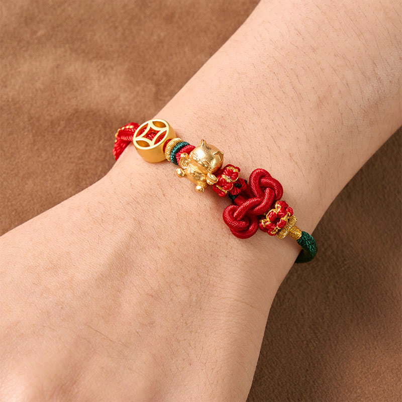 Golden Lucky Cat Red String Protection Braided Bracelet