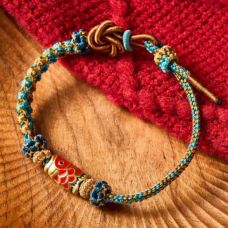 Hand-Woven Green Blue Yellow Rope Mandala Peach Blossom Knot Luck Koi Fish Bracelet