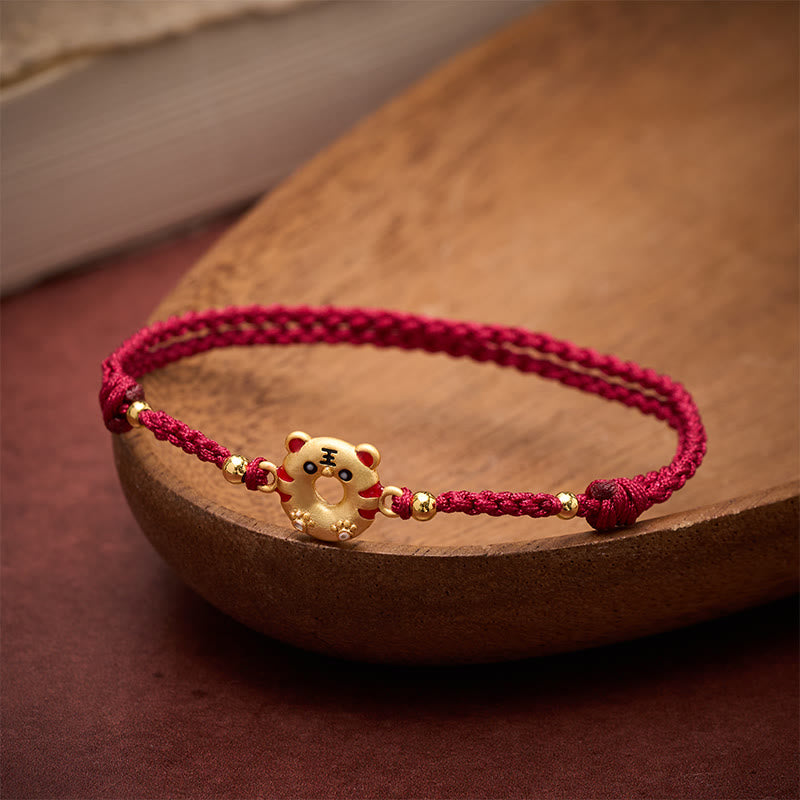 Copper Tiger Peace Buckle Hand Woven Grounding Red String Adjustable Bracelet