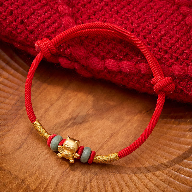 Hand-Woven Red String Jade Lucky Cat Beads Connection Bracelet