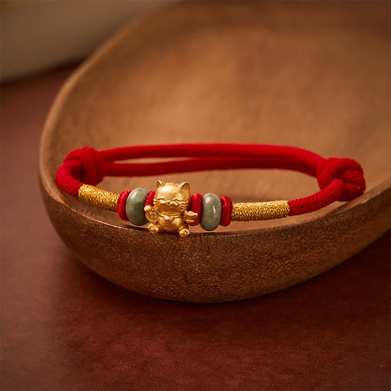 Hand-Woven Red String Jade Lucky Cat Beads Connection Bracelet