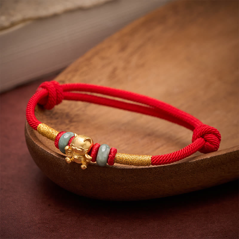 Hand-Woven Red String Jade Lucky Cat Beads Connection Bracelet