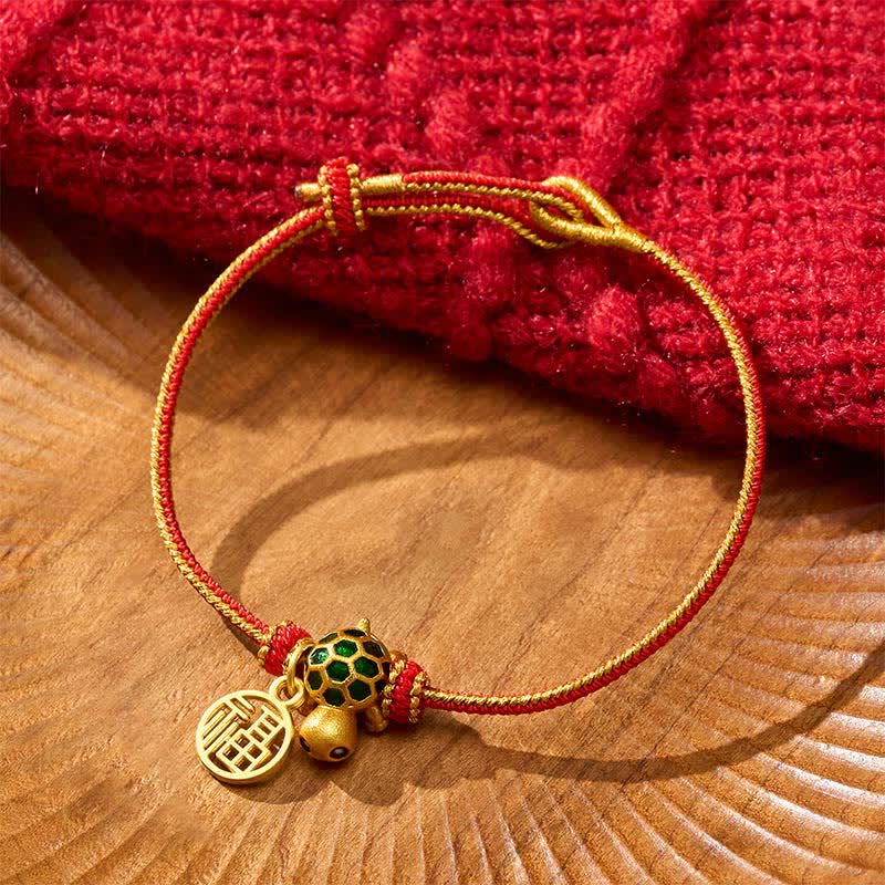 Red String Copper Fu Character Turtle Braided Luck Bracelet