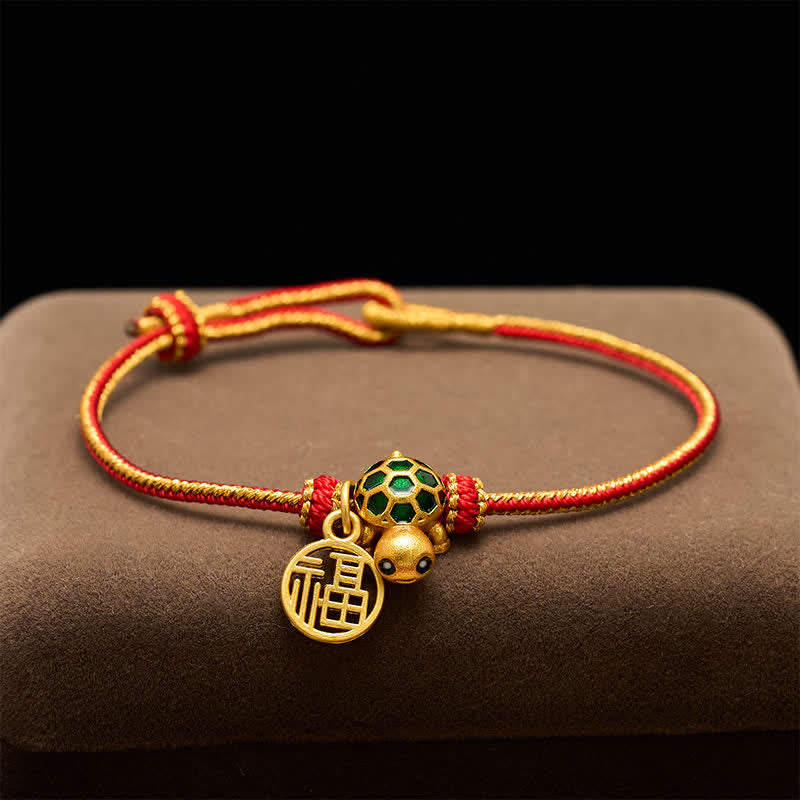Red String Copper Fu Character Turtle Braided Luck Bracelet