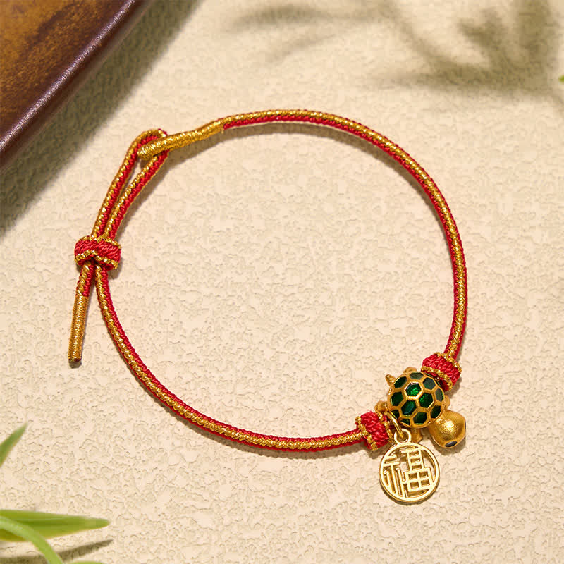 Red String Copper Fu Character Turtle Braided Luck Bracelet