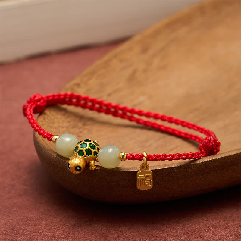 Copper Turtle Hetian Jade Fu Character Luck Red String Bracelet