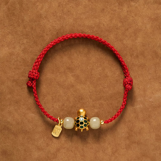Copper Turtle Hetian Jade Fu Character Luck Red String Bracelet