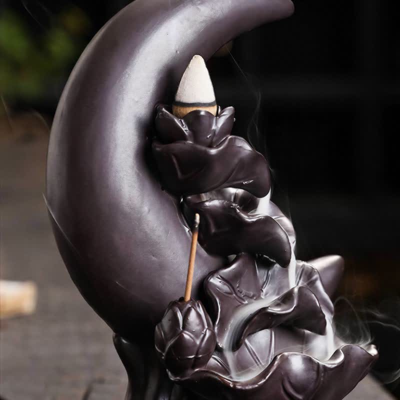 Purple Clay Crescent Moon Lotus Enlightenment Backflow Incense Burner