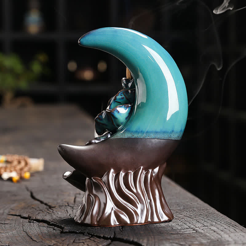 Purple Clay Crescent Moon Lotus Enlightenment Backflow Incense Burner