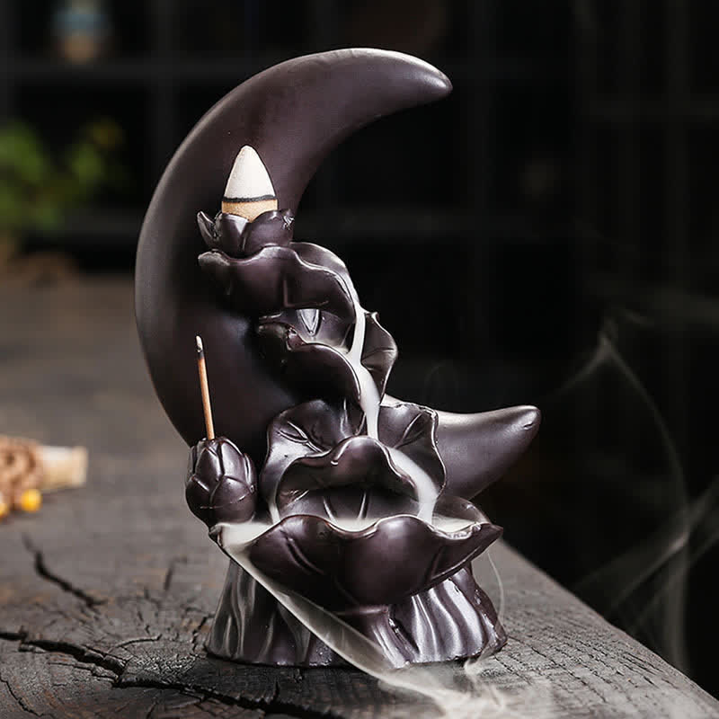 Purple Clay Crescent Moon Lotus Enlightenment Backflow Incense Burner