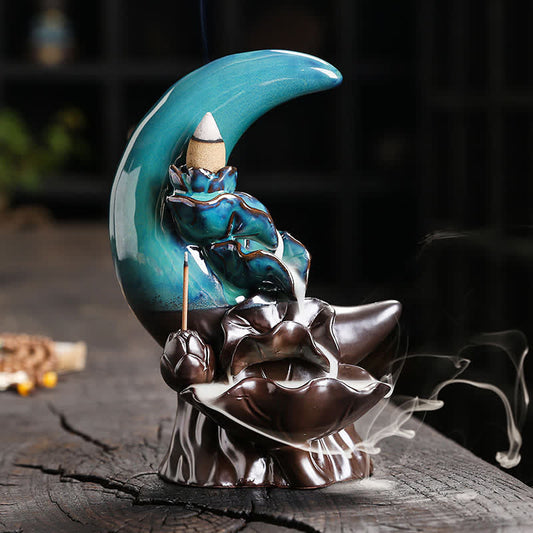 Purple Clay Crescent Moon Lotus Enlightenment Backflow Incense Burner