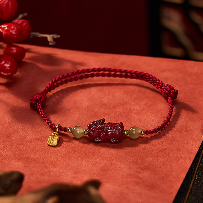 Natural Cinnabar Pi Xiu Hetian Jade Luck Red String Bracelet