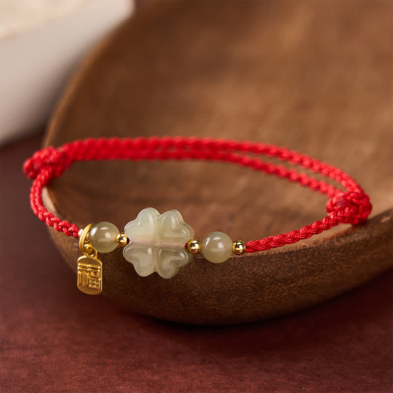 Natural Hetian Jade Four-leaf Clover Fu Character Luck Red String Bracelet