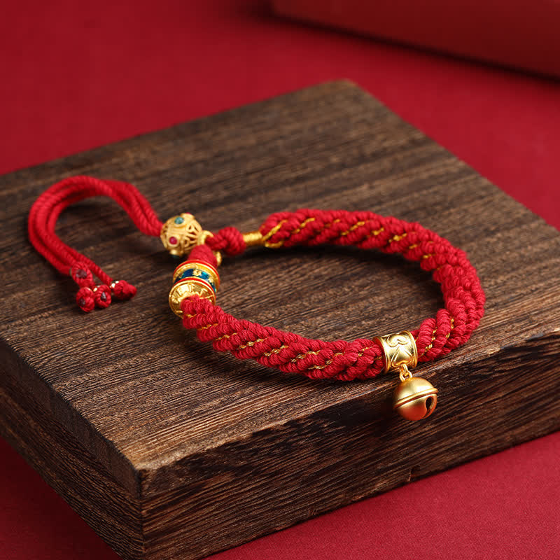Hand-Woven Tibetan Om Mani Padme Hum Wisdom Bell Charm Multicolor Rope Bracelet