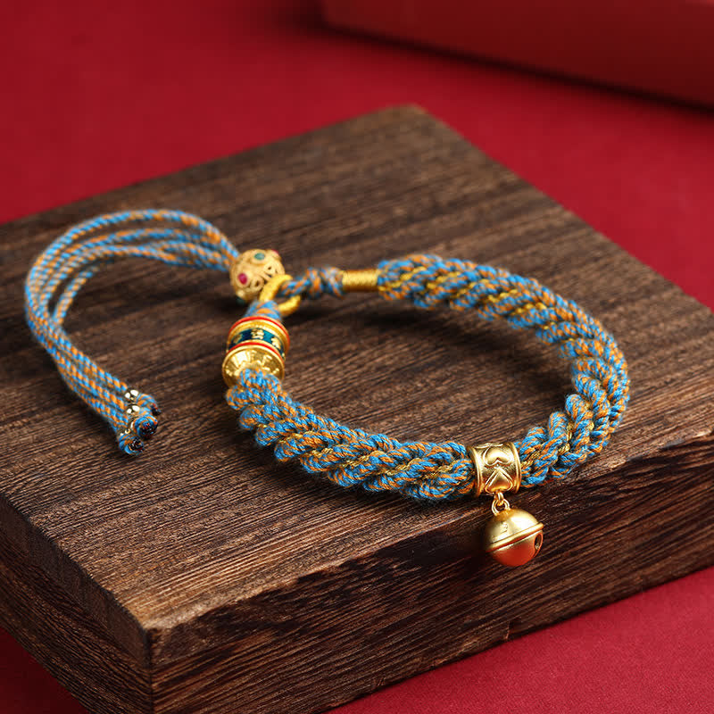 Hand-Woven Tibetan Om Mani Padme Hum Wisdom Bell Charm Multicolor Rope Bracelet
