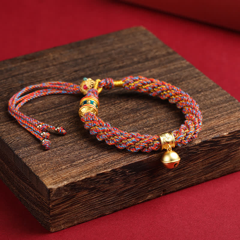 Hand-Woven Tibetan Om Mani Padme Hum Wisdom Bell Charm Multicolor Rope Bracelet