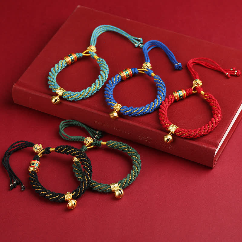 Hand-Woven Tibetan Om Mani Padme Hum Wisdom Bell Charm Multicolor Rope Bracelet